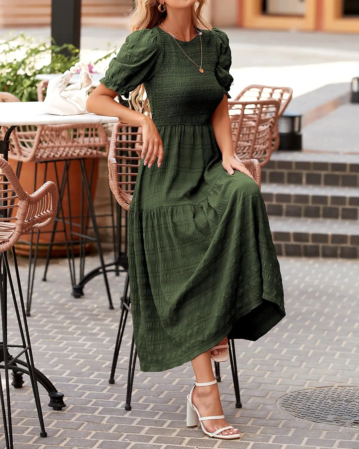 dowerme Womens Summer Dresses 2025 Casual Puff Short Sleeve Crewneck Smocked Flowy Ruffle Boho Beach Party Maxi Sundress