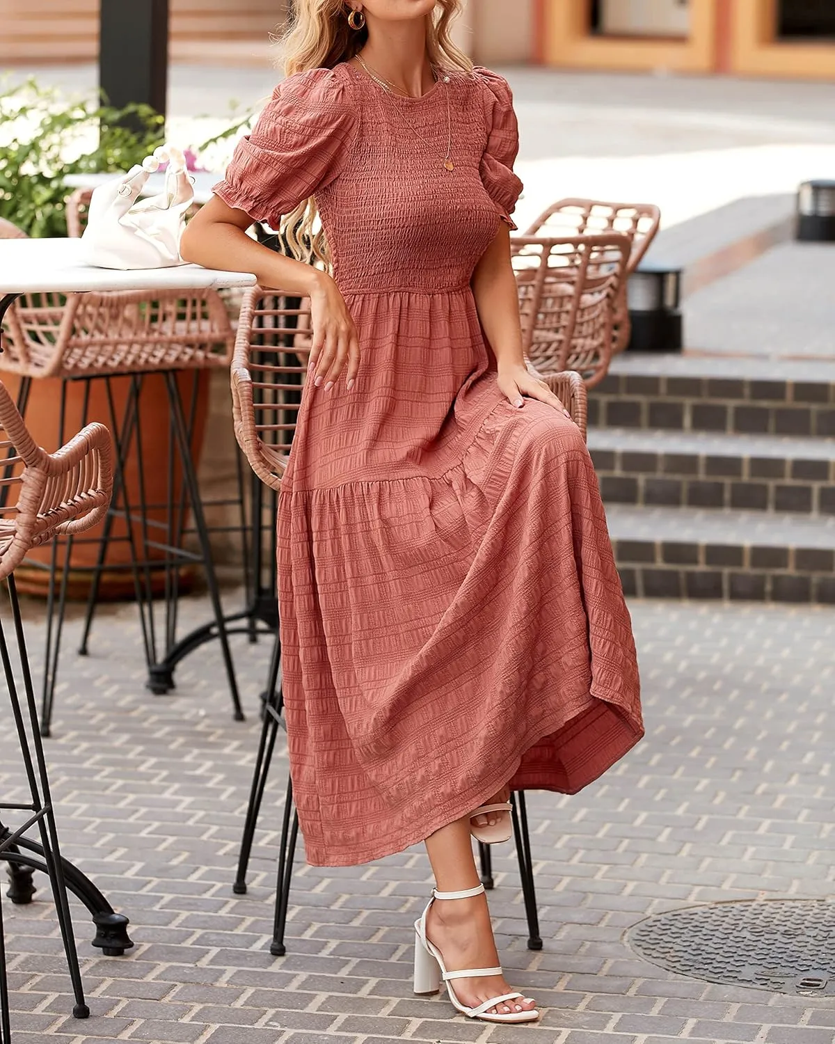 dowerme Womens Summer Dresses 2025 Casual Puff Short Sleeve Crewneck Smocked Flowy Ruffle Boho Beach Party Maxi Sundress