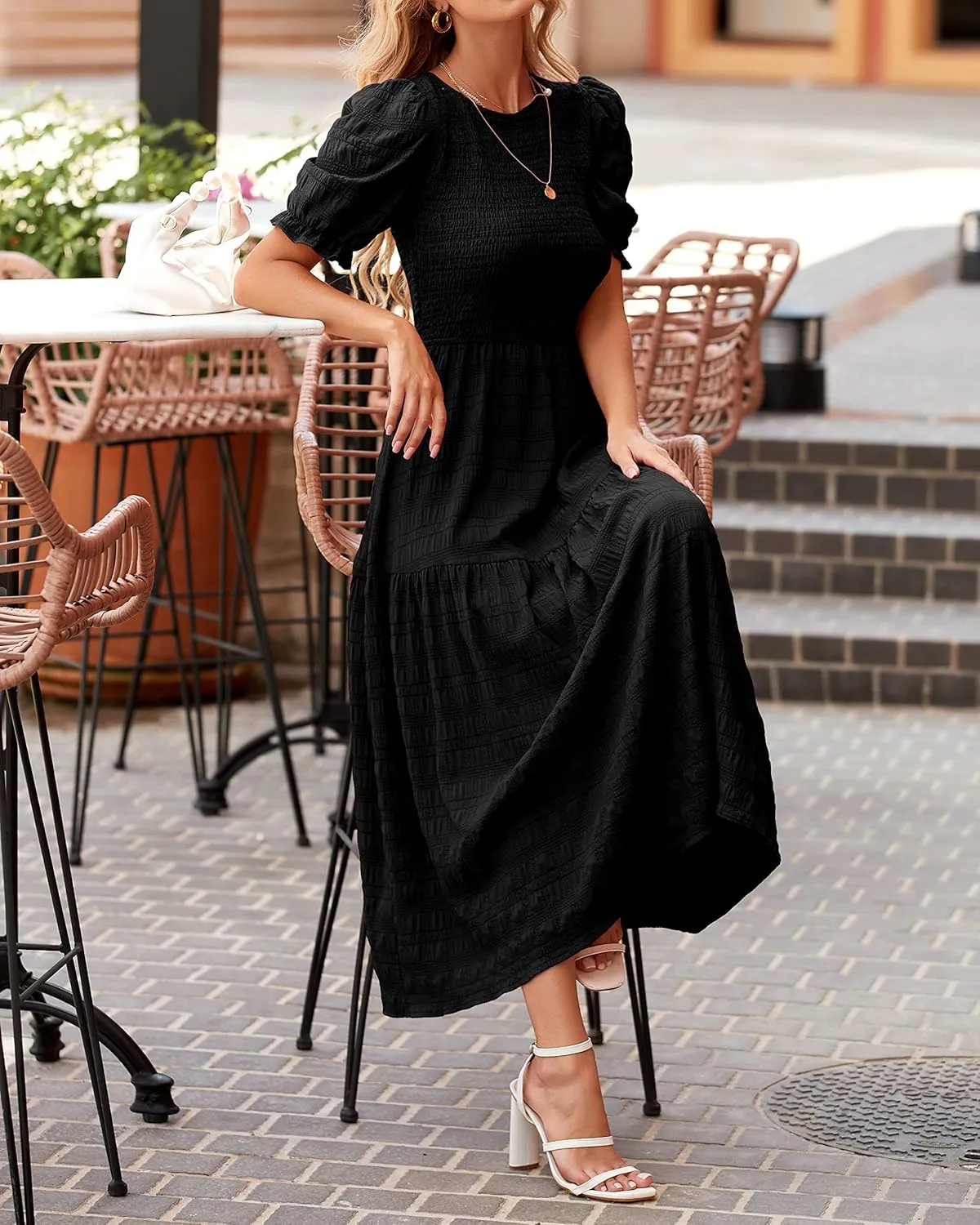dowerme Womens Summer Dresses 2025 Casual Puff Short Sleeve Crewneck Smocked Flowy Ruffle Boho Beach Party Maxi Sundress