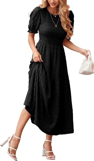 dowerme Womens Summer Dresses 2025 Casual Puff Short Sleeve Crewneck Smocked Flowy Ruffle Boho Beach Party Maxi Sundress