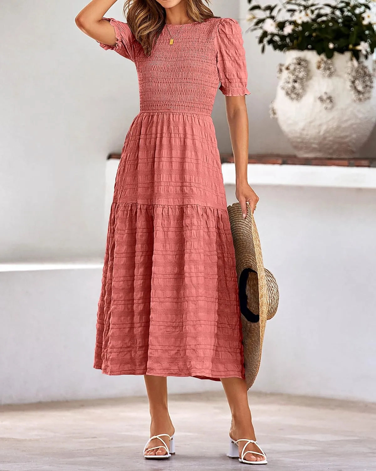 dowerme Womens Summer Dresses 2025 Casual Puff Short Sleeve Crewneck Smocked Flowy Ruffle Boho Beach Party Maxi Sundress