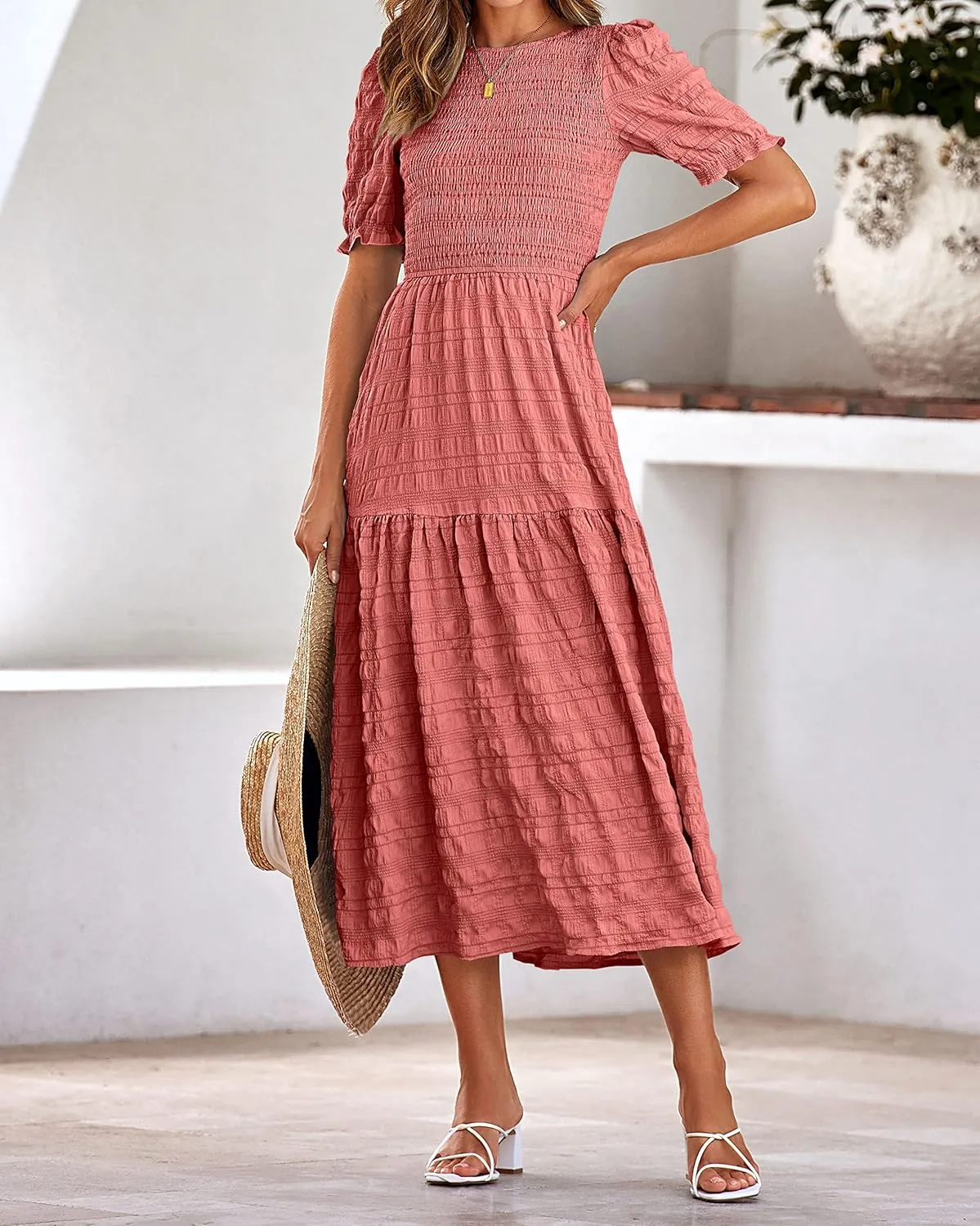 dowerme Womens Summer Dresses 2025 Casual Puff Short Sleeve Crewneck Smocked Flowy Ruffle Boho Beach Party Maxi Sundress