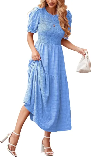 dowerme Womens Summer Dresses 2025 Casual Puff Short Sleeve Crewneck Smocked Flowy Ruffle Boho Beach Party Maxi Sundress
