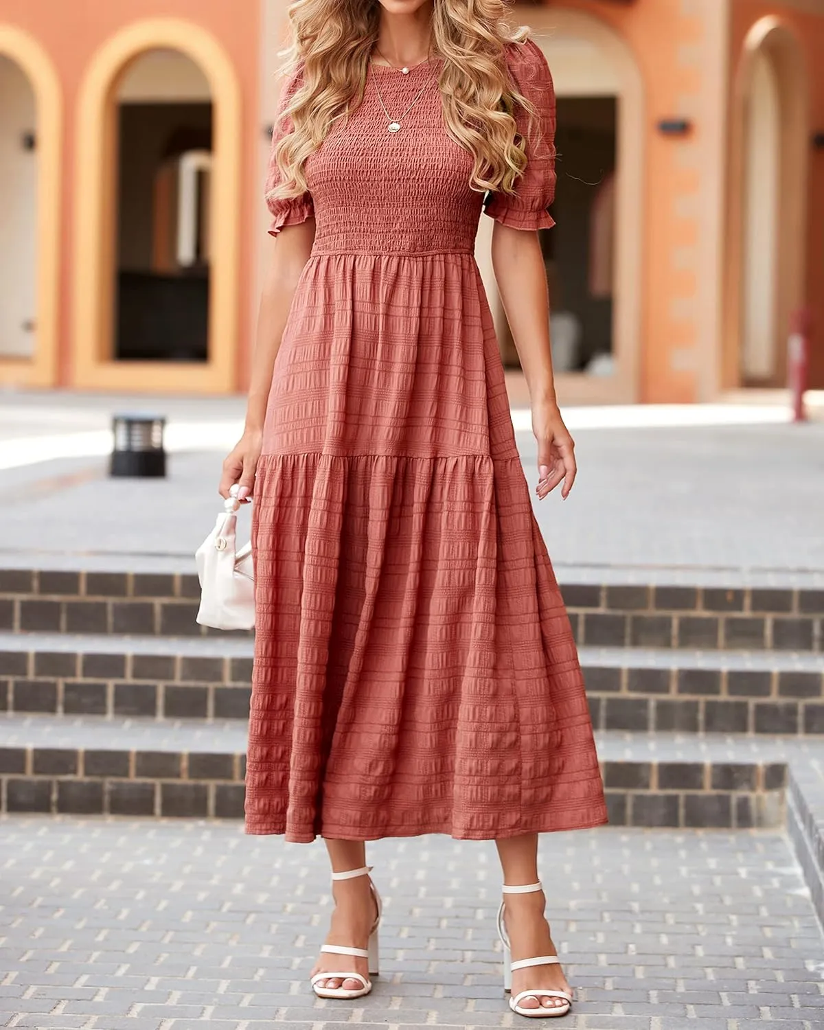 dowerme Womens Summer Dresses 2025 Casual Puff Short Sleeve Crewneck Smocked Flowy Ruffle Boho Beach Party Maxi Sundress