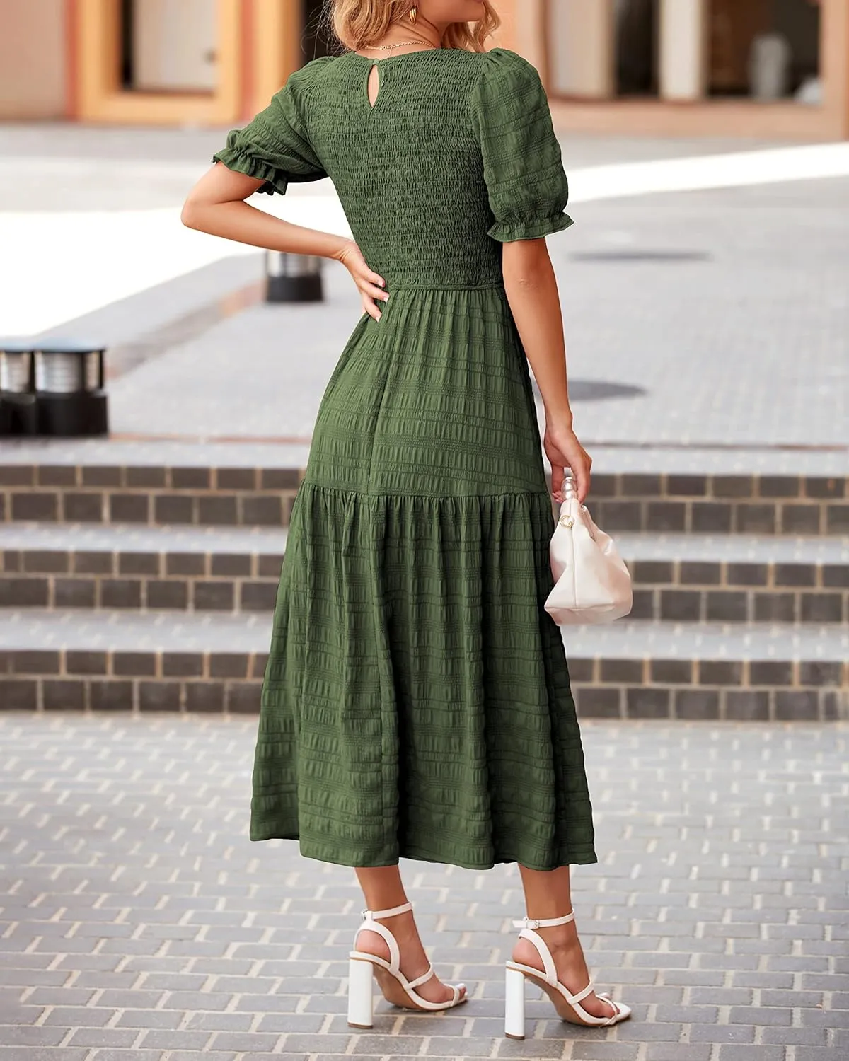 dowerme Womens Summer Dresses 2025 Casual Puff Short Sleeve Crewneck Smocked Flowy Ruffle Boho Beach Party Maxi Sundress