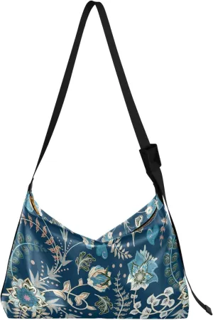 Dreamy Blue Flower Leather Hobo Bags for Women Cross Body Men Bag Floral Leaf Print Women Hobo Handbags