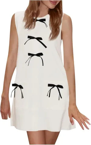 Dress with Bow Cute Sleeveless Mini Dresses Casual Crewneck Loose Fit Tank Sundress Summer Beach Outfits