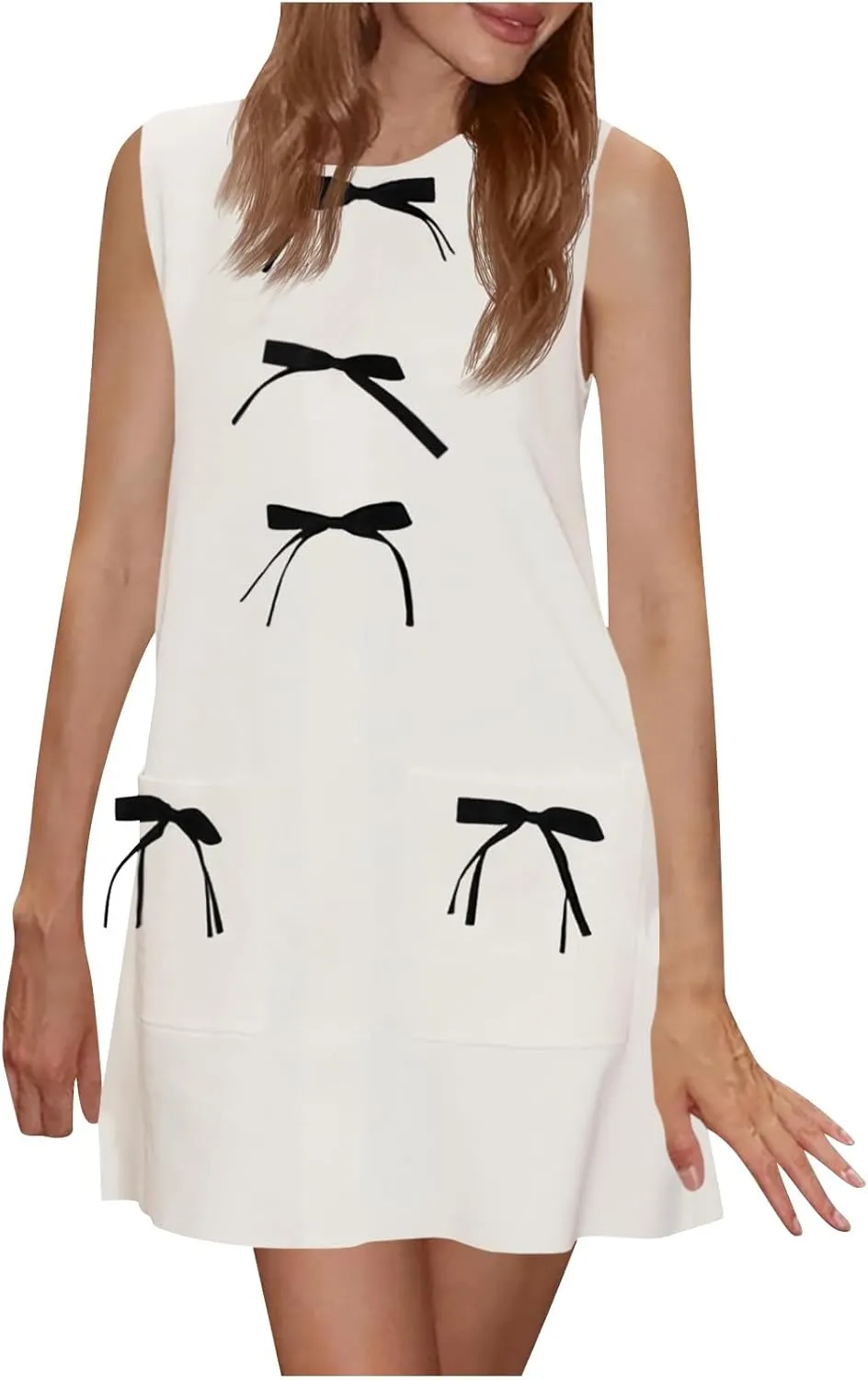 Dress with Bow Cute Sleeveless Mini Dresses Casual Crewneck Loose Fit Tank Sundress Summer Beach Outfits