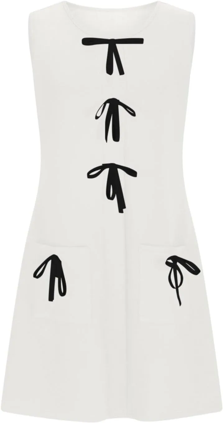Dress with Bow Cute Sleeveless Mini Dresses Casual Crewneck Loose Fit Tank Sundress Summer Beach Outfits