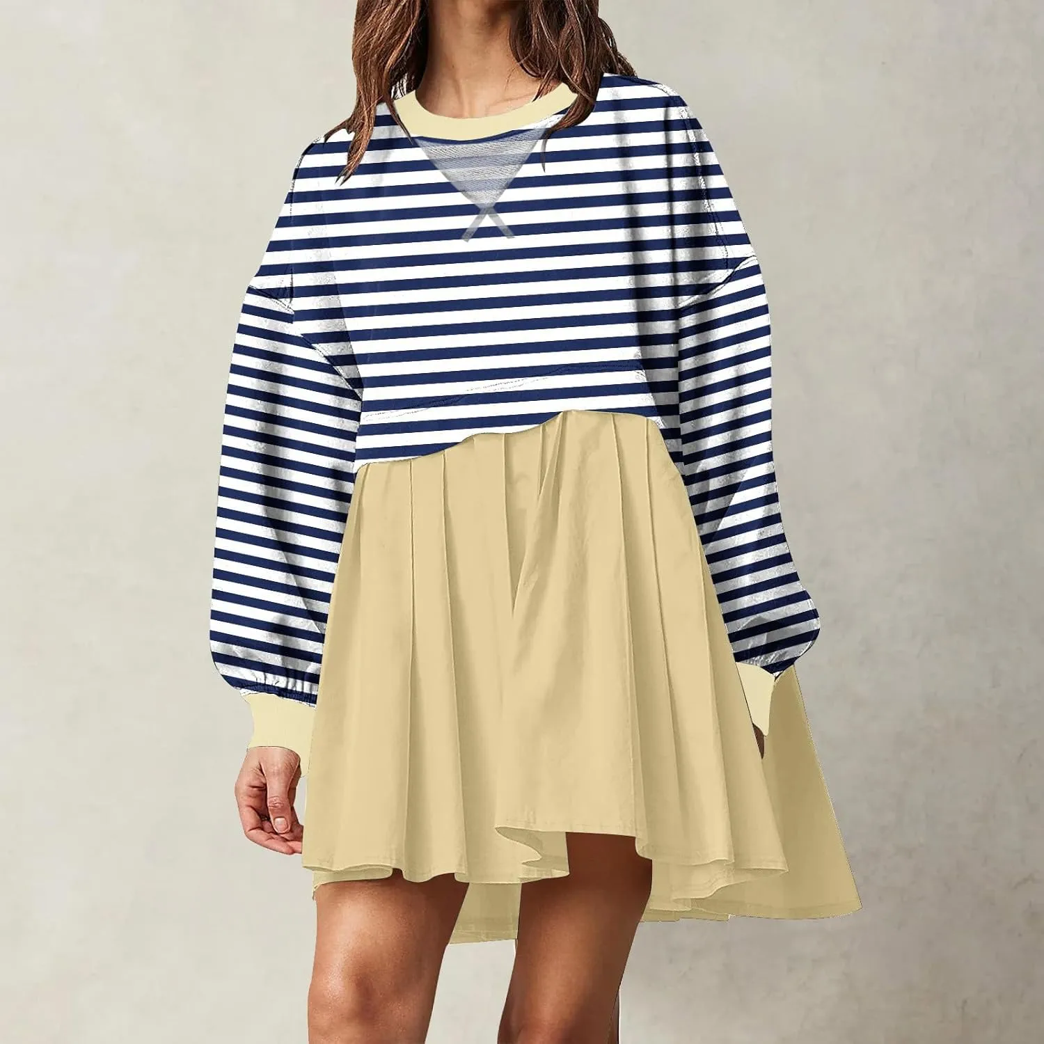 Dresses for Women 2024 Trendy Patchwork Striped Causal Long Sleeve Crewneck Sweatshirt Dress Cute Ruffle Mini Dress