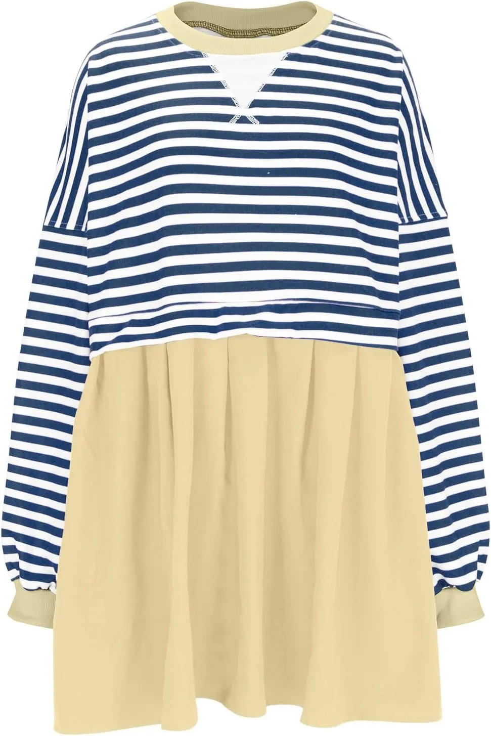 Dresses for Women 2024 Trendy Patchwork Striped Causal Long Sleeve Crewneck Sweatshirt Dress Cute Ruffle Mini Dress