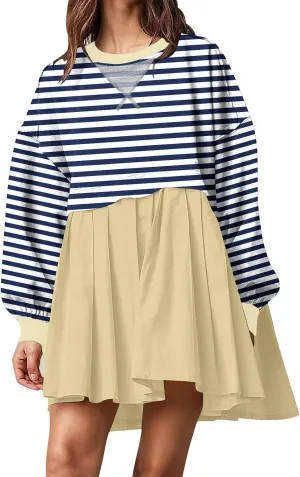 Dresses for Women 2024 Trendy Patchwork Striped Causal Long Sleeve Crewneck Sweatshirt Dress Cute Ruffle Mini Dress
