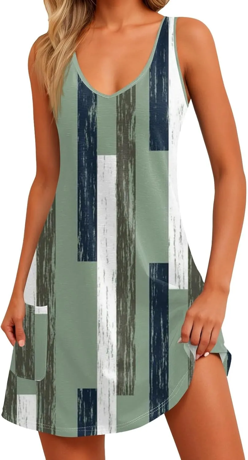 Dresses for Women 2025 Casual V Neck Mini Sleeveless Summer Sun Dress Loose Fit Sundresses with Pockets