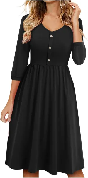 Dresses for Women Fall Casual V-Neck Button Down Pleated Dress with Pockets Outdoor Vacation Beach Bodycon Mini Dress