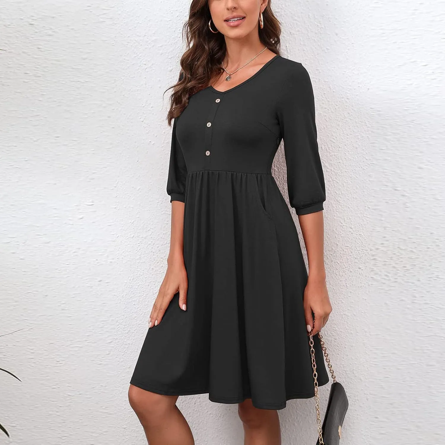 Dresses for Women Fall Casual V-Neck Button Down Pleated Dress with Pockets Outdoor Vacation Beach Bodycon Mini Dress