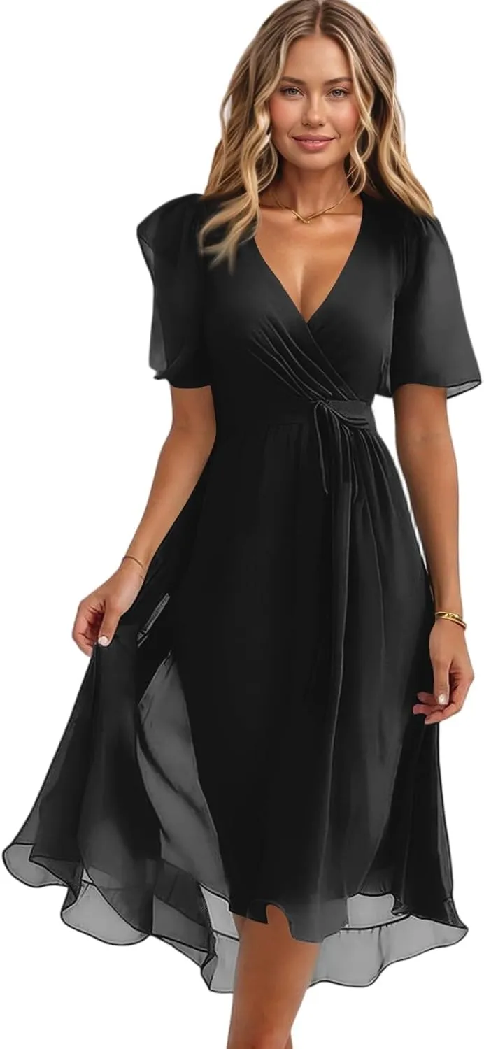 Dresses for Women,Chiffon Sexy Midi Dresses Short Sleeve Flowy Wrap Wedding Guest Womens Summer Dress Cocktail Prom