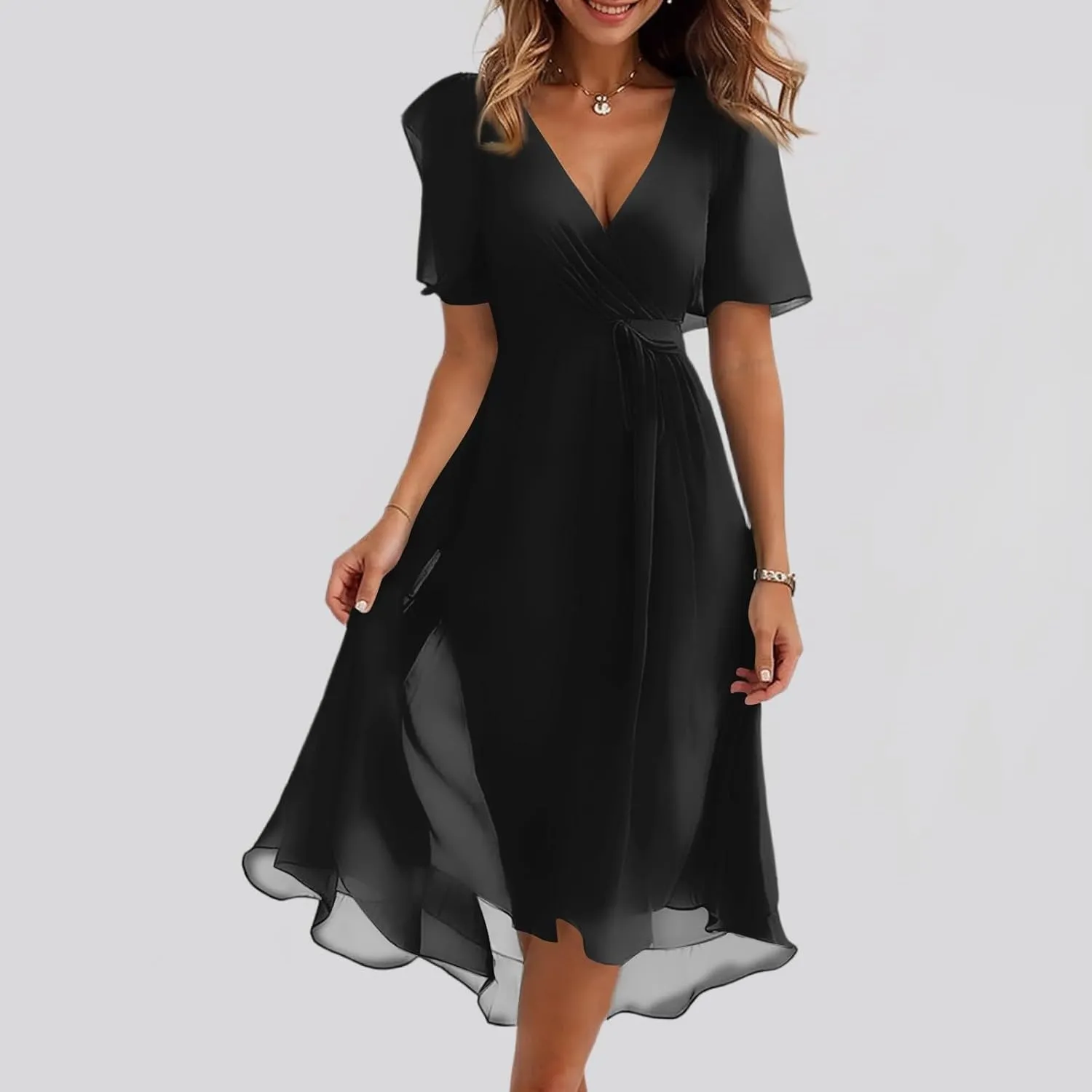 Dresses for Women,Chiffon Sexy Midi Dresses Short Sleeve Flowy Wrap Wedding Guest Womens Summer Dress Cocktail Prom