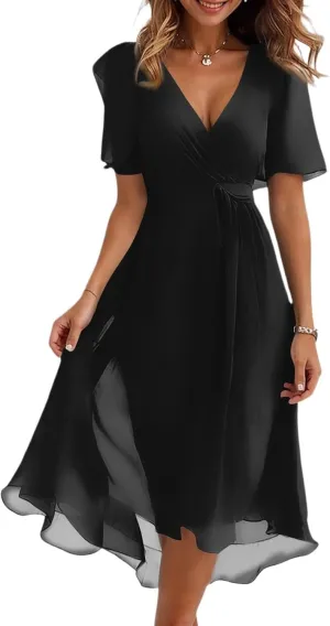 Dresses for Women,Chiffon Sexy Midi Dresses Short Sleeve Flowy Wrap Wedding Guest Womens Summer Dress Cocktail Prom