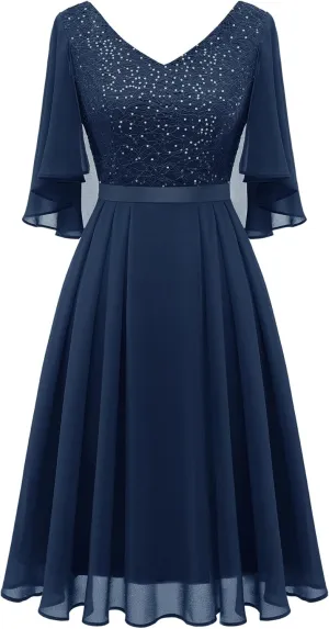 Dressystar Sequin Chiffon Dresses for Women Lace Cape Mother of The Bride Cocktail Modest Formal Wedding Guest Evening Dress Navy L