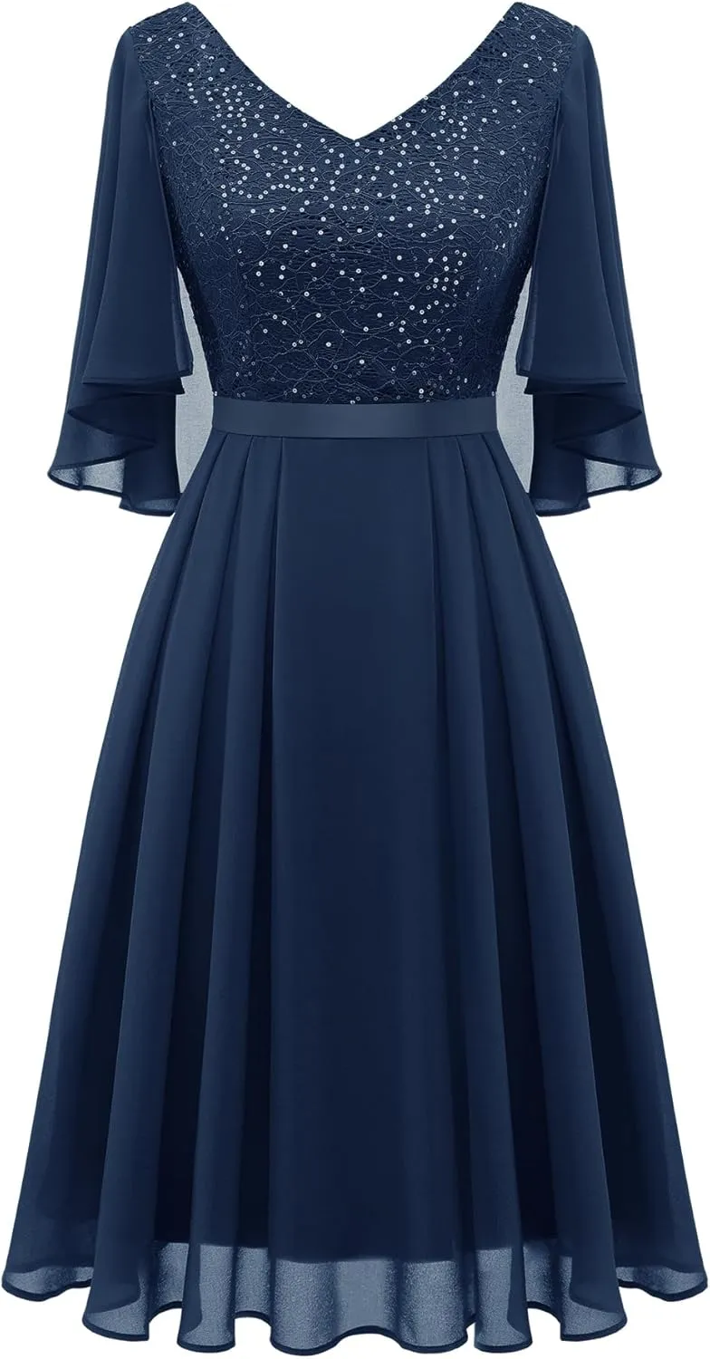 Dressystar Sequin Chiffon Dresses for Women Lace Cape Mother of The Bride Cocktail Modest Formal Wedding Guest Evening Dress Navy L