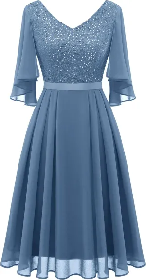Dressystar Sequin Women Dresses Knee Length Dress Mother of The Bride Wedding Guest V-Neck Evening Formal Cocktail Gowns