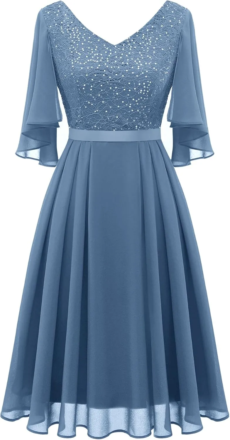 Dressystar Sequin Women Dresses Knee Length Dress Mother of The Bride Wedding Guest V-Neck Evening Formal Cocktail Gowns
