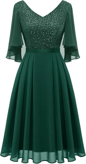 Dressystar Sequin Women Dresses Knee Length Dress Mother of The Bride Wedding Guest V-Neck Evening Formal Cocktail Gowns