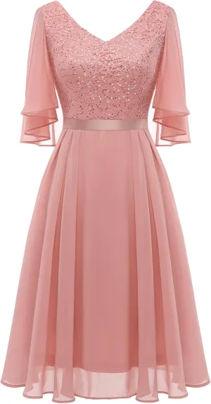 Dressystar Sequin Women Dresses Knee Length Dress Mother of The Bride Wedding Guest V-Neck Evening Formal Cocktail Gowns
