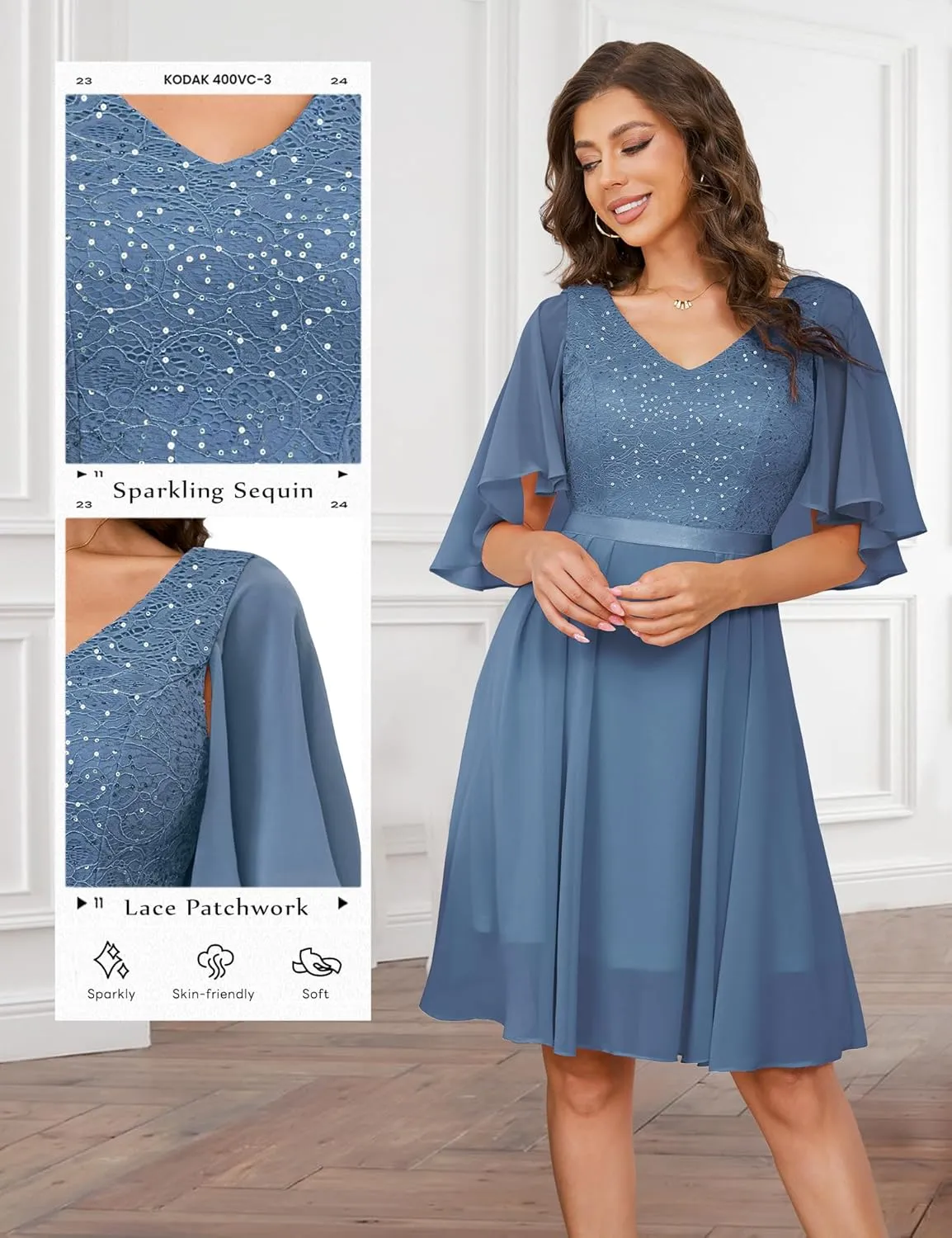 Dressystar Sequin Women Dresses Knee Length Dress Mother of The Bride Wedding Guest V-Neck Evening Formal Cocktail Gowns