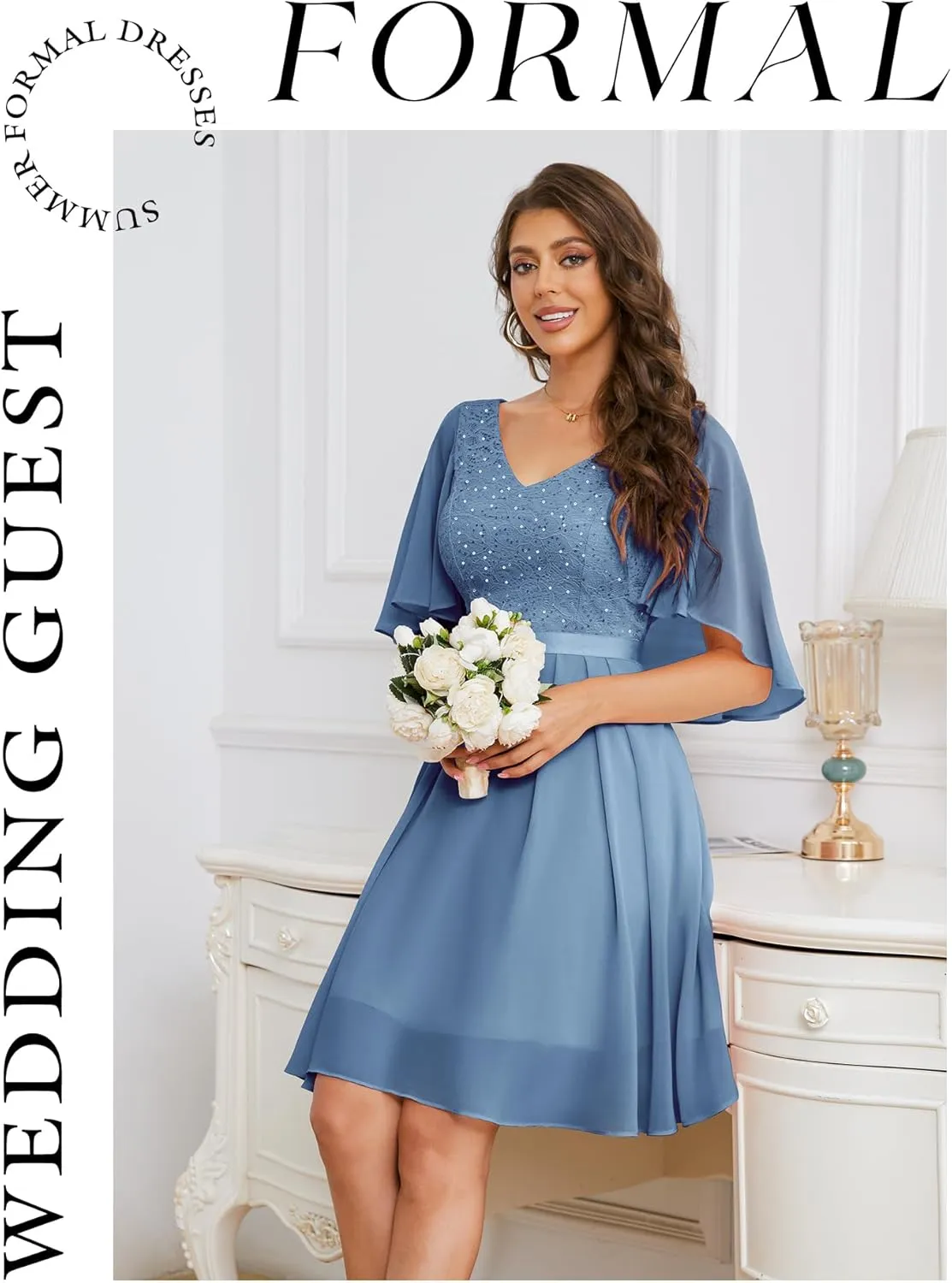 Dressystar Sequin Women Dresses Knee Length Dress Mother of The Bride Wedding Guest V-Neck Evening Formal Cocktail Gowns