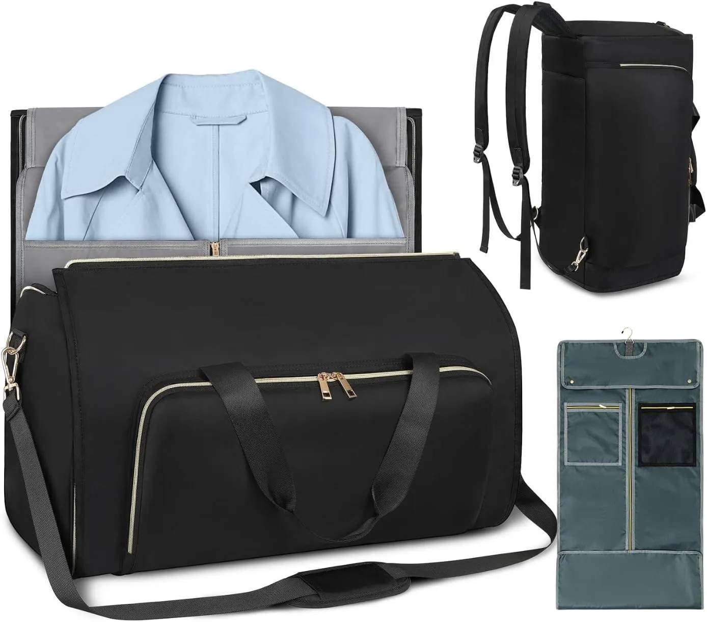 Duff Travel Bag, Convertible Duffel Suit Carrier, Wrinkle-Free Storage for Men's Suits & Women's Evening Gowns, Foldable Hanging Garment Organizer (Black,21.5x11x13 inch)