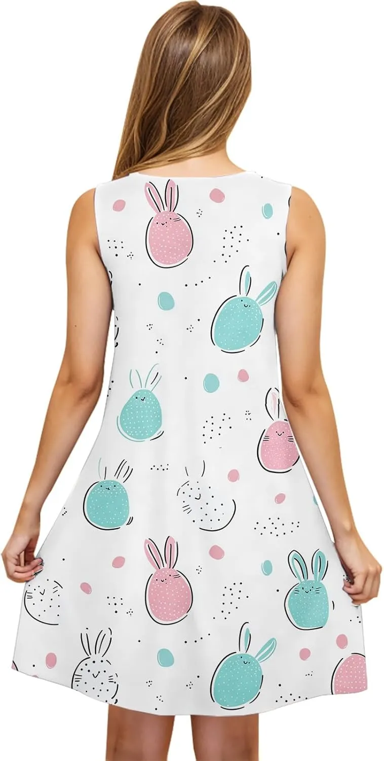 Easter Dresses for Women 2025 Cute Graphic Sleeveless Tank Dress Casual Summer Beach Sundress Vacation Outfits