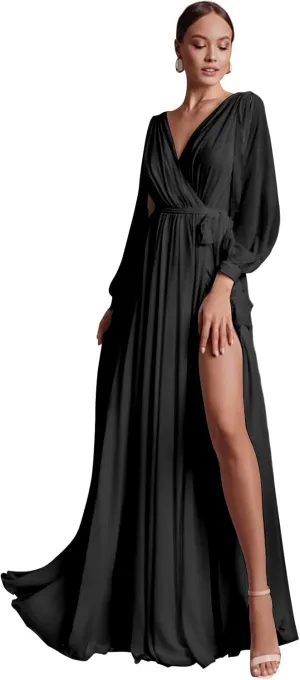 Elegant Bridesmaid Dresses with Sash Slit Long Sleeves V Neck A Line Chiffon Formal Gowns and Evening Dresses
