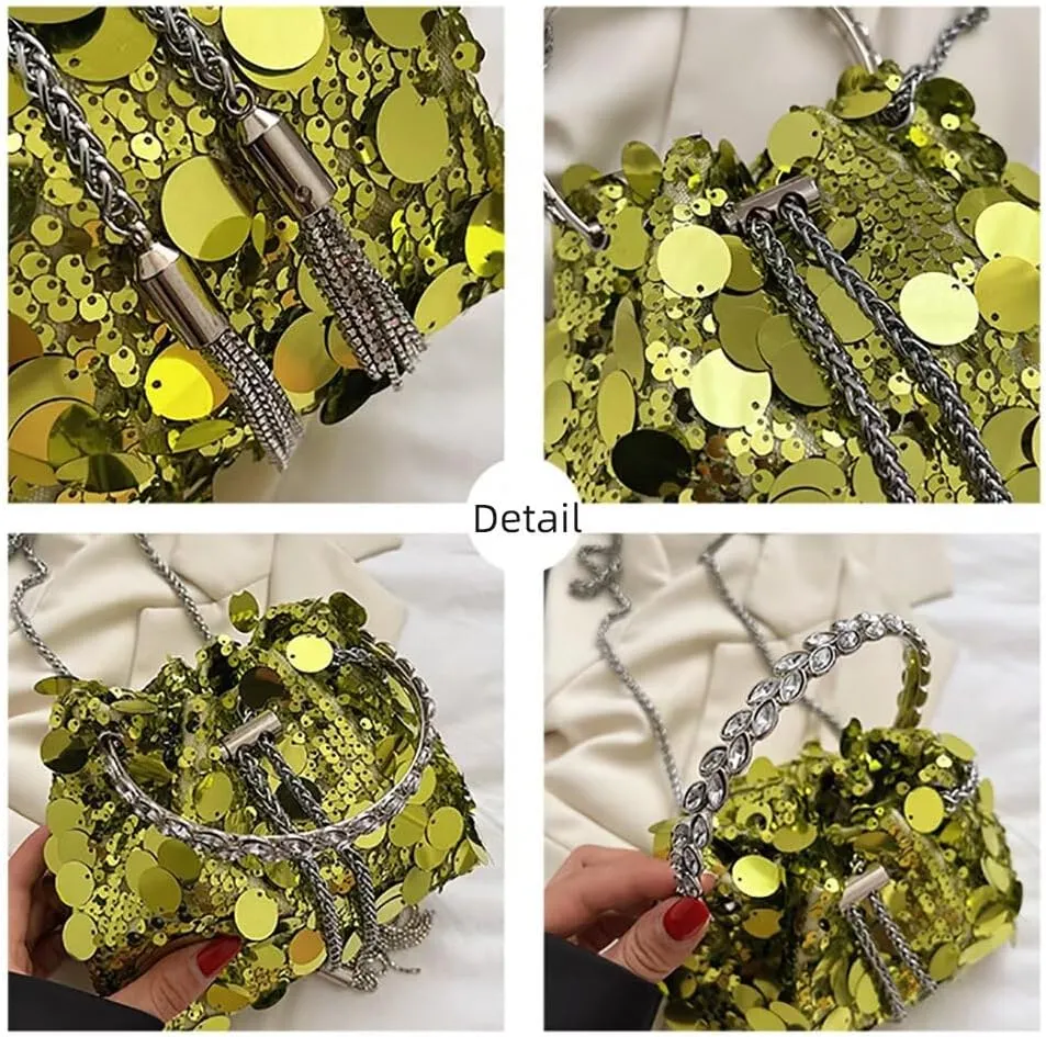 Evening Bag for Women Sequin Bucket Bag Glittering Chain Purse Sparkly Evening Clutch Handbag for Prom Cocktail Party