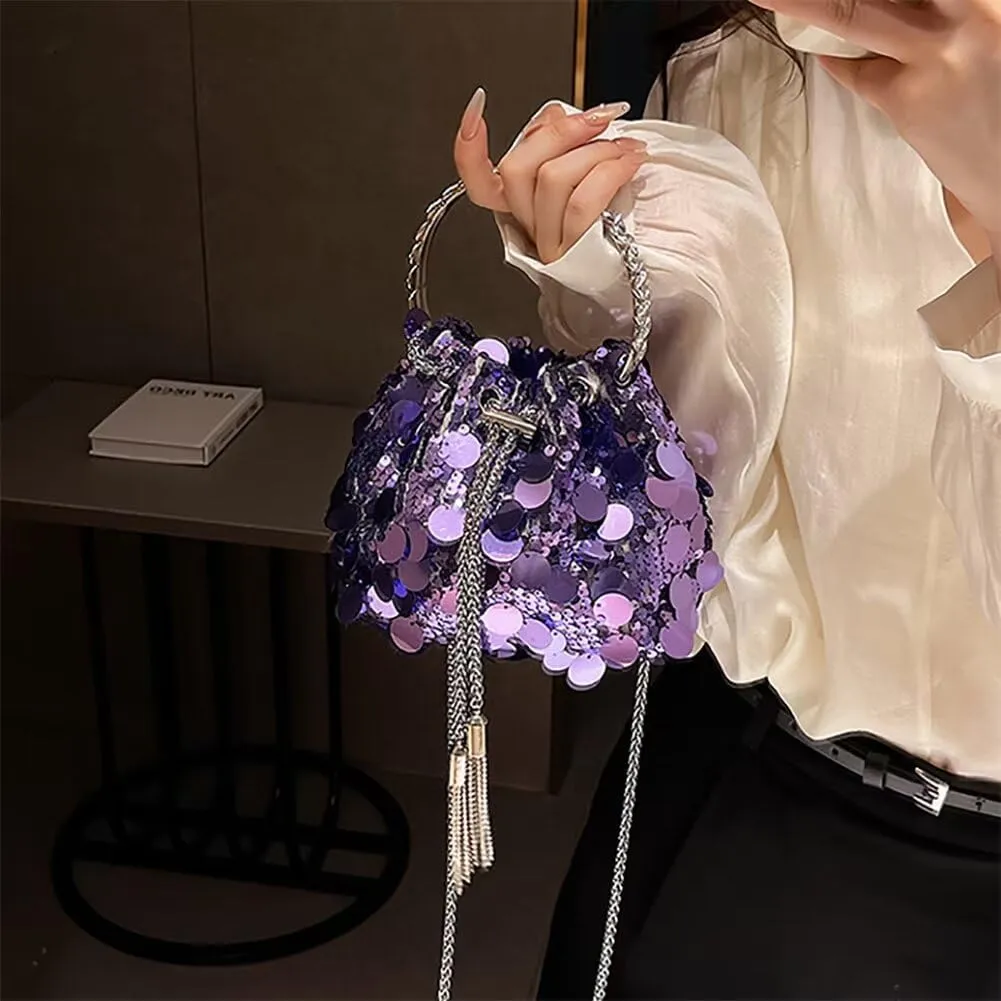 Evening Bag for Women Sequin Bucket Bag Glittering Chain Purse Sparkly Evening Clutch Handbag for Prom Cocktail Party