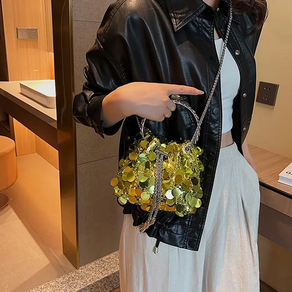 Evening Bag for Women Sequin Bucket Bag Glittering Chain Purse Sparkly Evening Clutch Handbag for Prom Cocktail Party