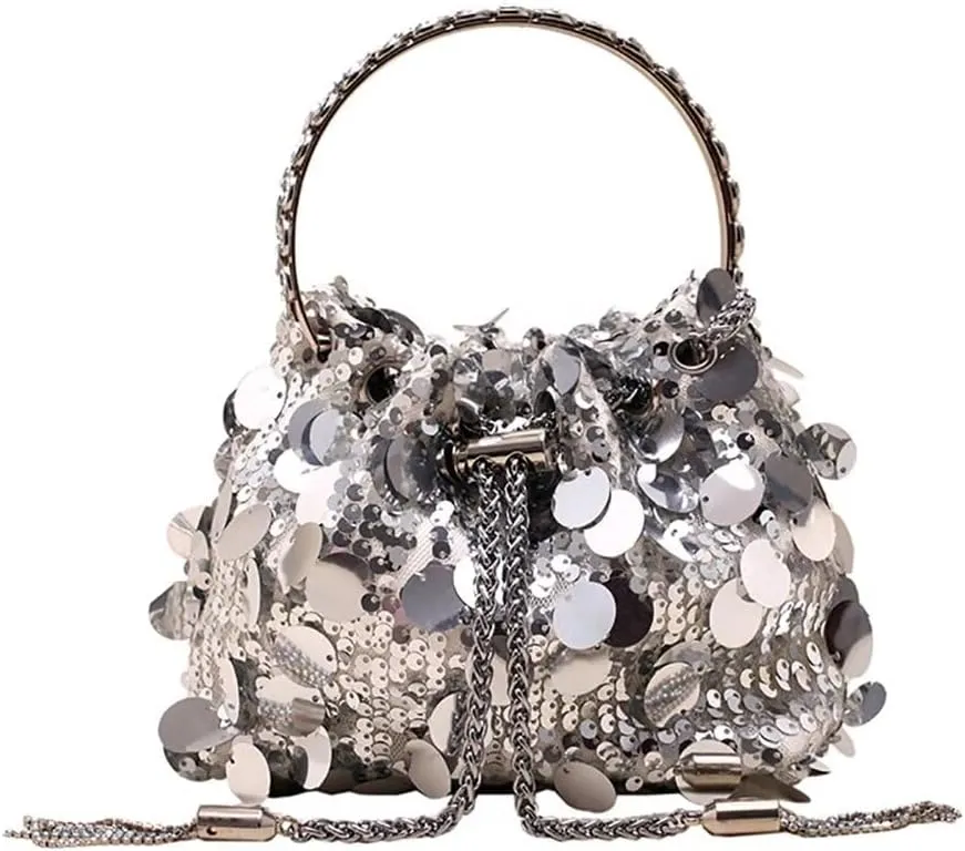 Evening Bag for Women Sequin Bucket Bag Glittering Chain Purse Sparkly Evening Clutch Handbag for Prom Cocktail Party