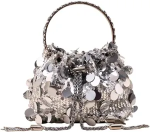 Evening Bag for Women Sequin Bucket Bag Glittering Chain Purse Sparkly Evening Clutch Handbag for Prom Cocktail Party