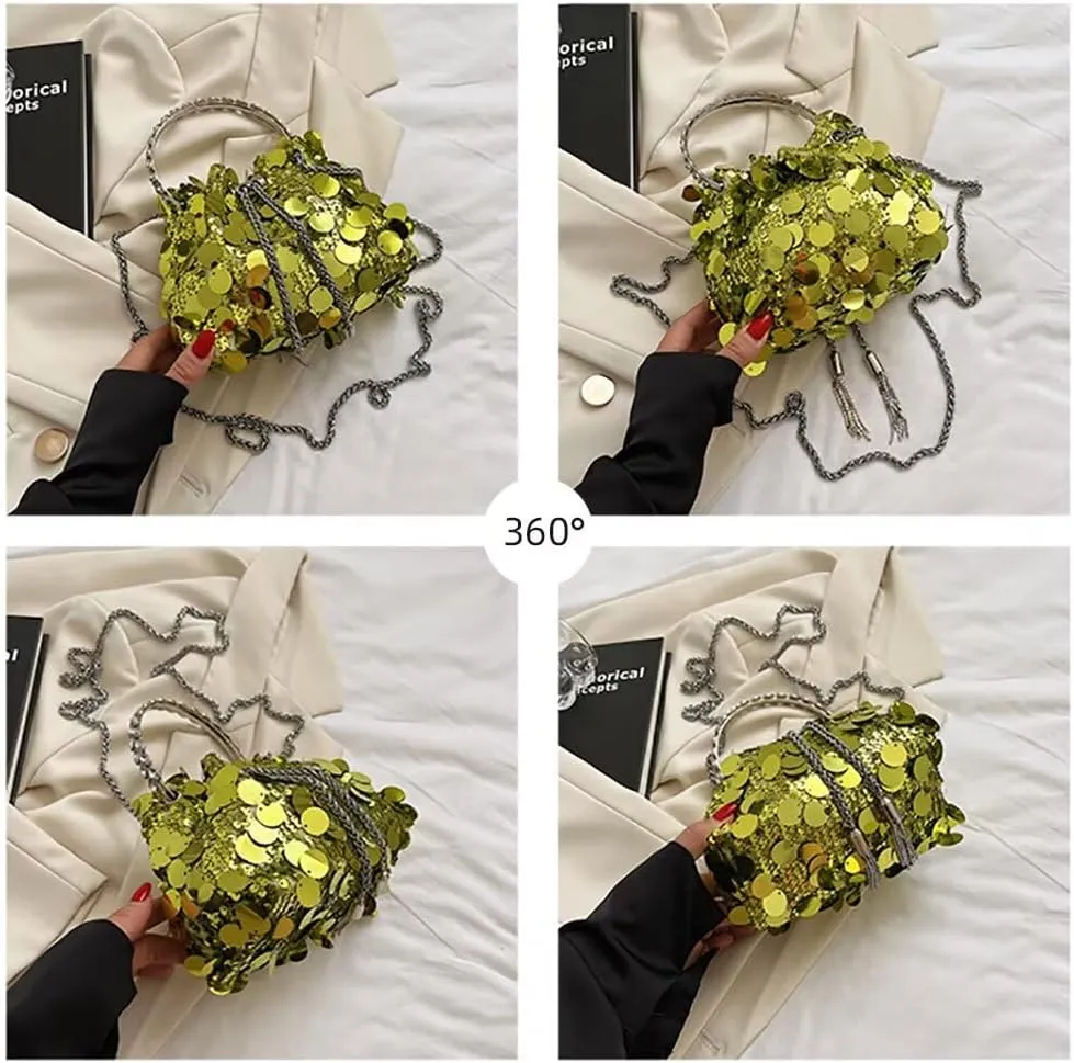 Evening Bag for Women Sequin Bucket Bag Glittering Chain Purse Sparkly Evening Clutch Handbag for Prom Cocktail Party