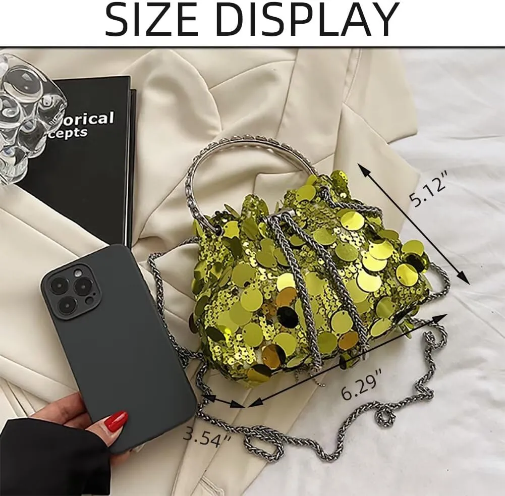 Evening Bag for Women Sequin Bucket Bag Glittering Chain Purse Sparkly Evening Clutch Handbag for Prom Cocktail Party