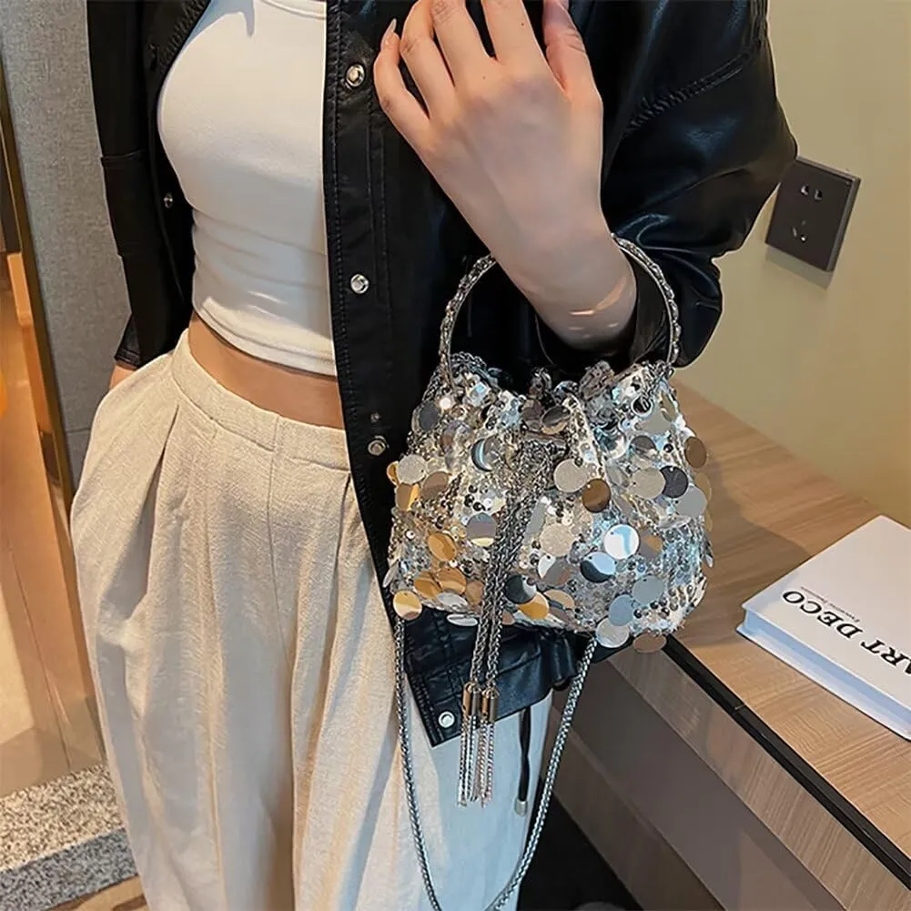 Evening Bag for Women Sequin Bucket Bag Glittering Chain Purse Sparkly Evening Clutch Handbag for Prom Cocktail Party