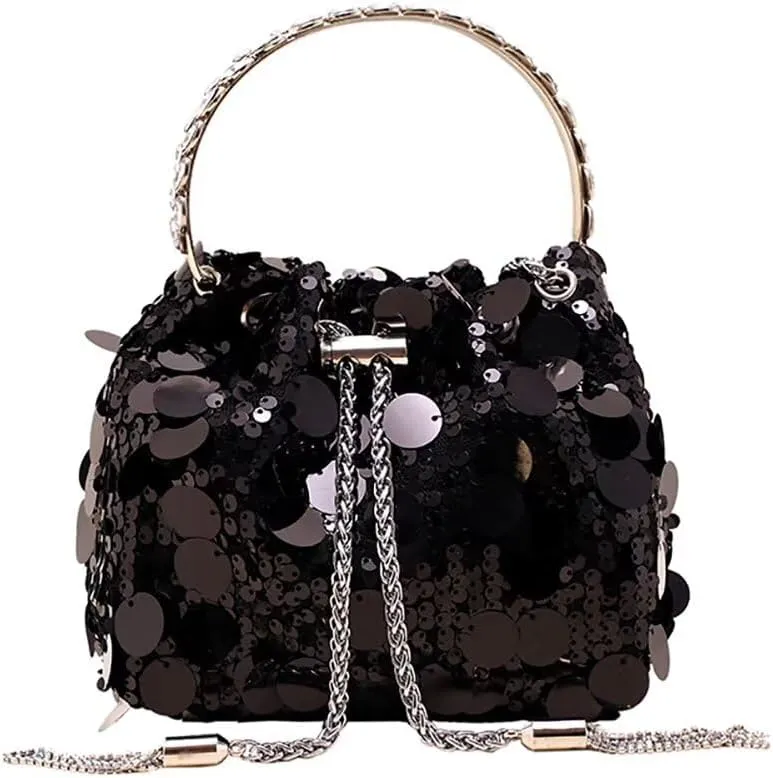 Evening Bag for Women Sequin Bucket Bag Glittering Chain Purse Sparkly Evening Clutch Handbag for Prom Cocktail Party