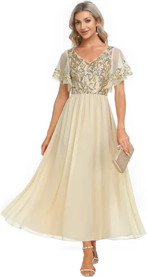 Ever-Pretty Women's Formal Dress V-Neck Sequin Applique Ruffles Sleeves Backless A-Line Evening Dresses 01583