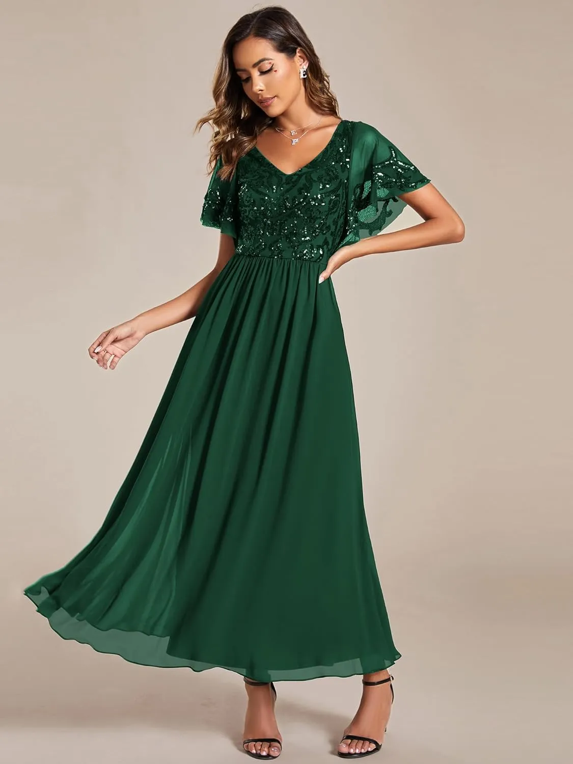 Ever-Pretty Women's Formal Dress V-Neck Sequin Applique Ruffles Sleeves Backless A-Line Evening Dresses 01583