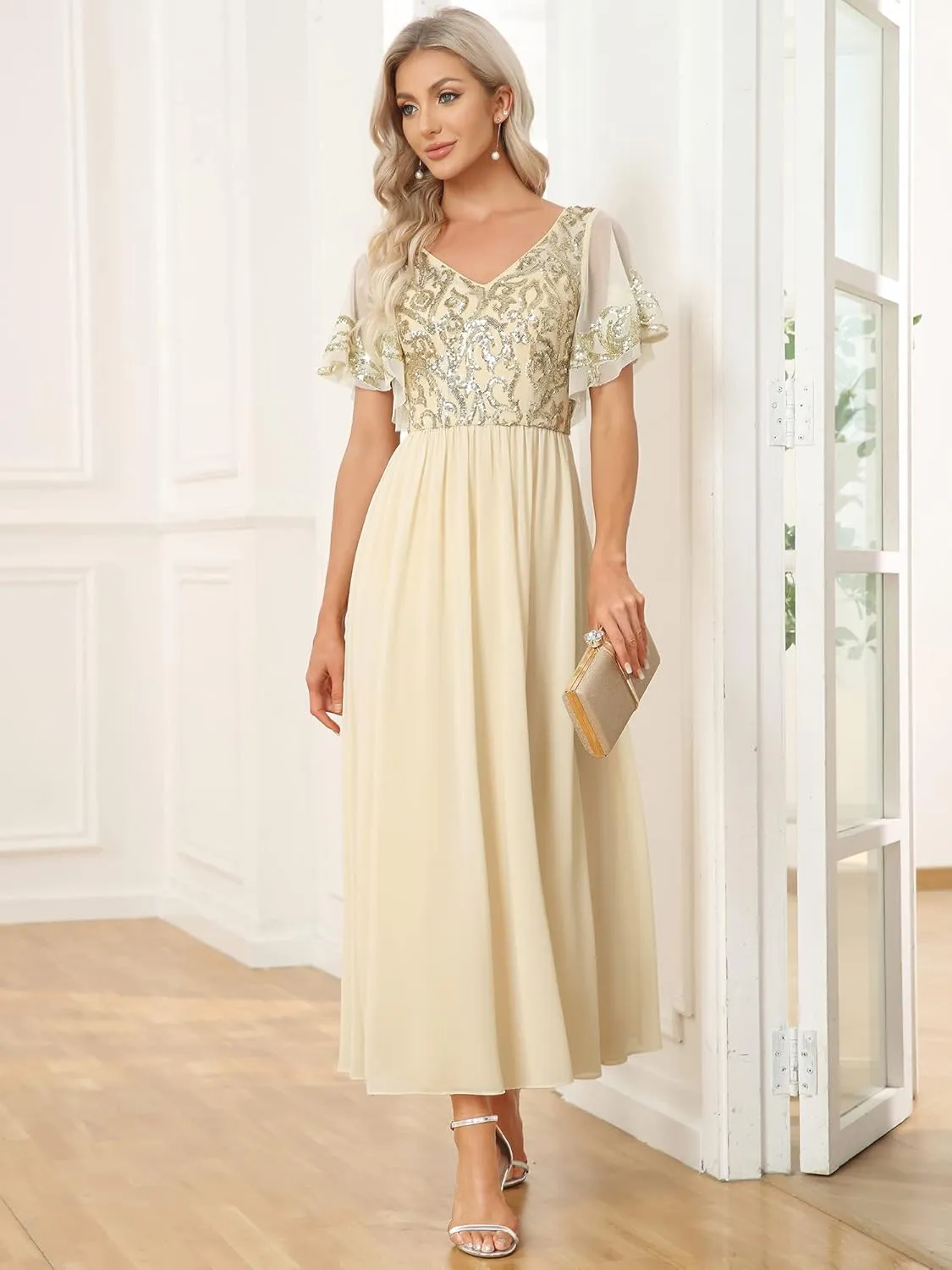 Ever-Pretty Women's Formal Dress V-Neck Sequin Applique Ruffles Sleeves Backless A-Line Evening Dresses 01583