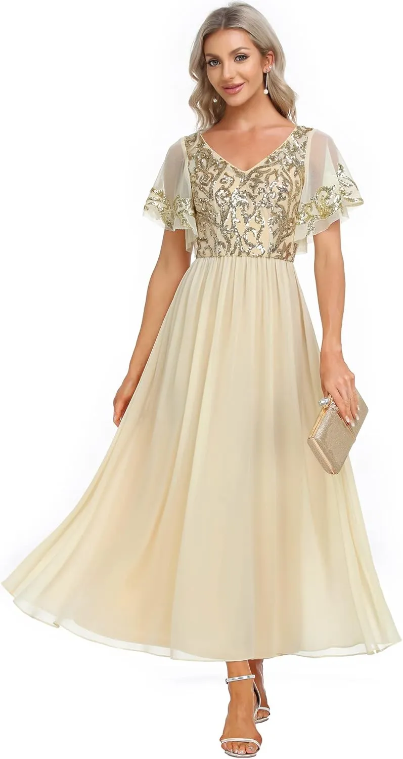 Ever-Pretty Women's Formal Dress V-Neck Sequin Applique Ruffles Sleeves Backless A-Line Evening Dresses 01583