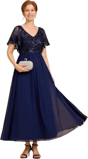 Ever-Pretty Women's Formal Dress V-Neck Sequin Applique Ruffles Sleeves Backless A-Line Evening Dresses 01583