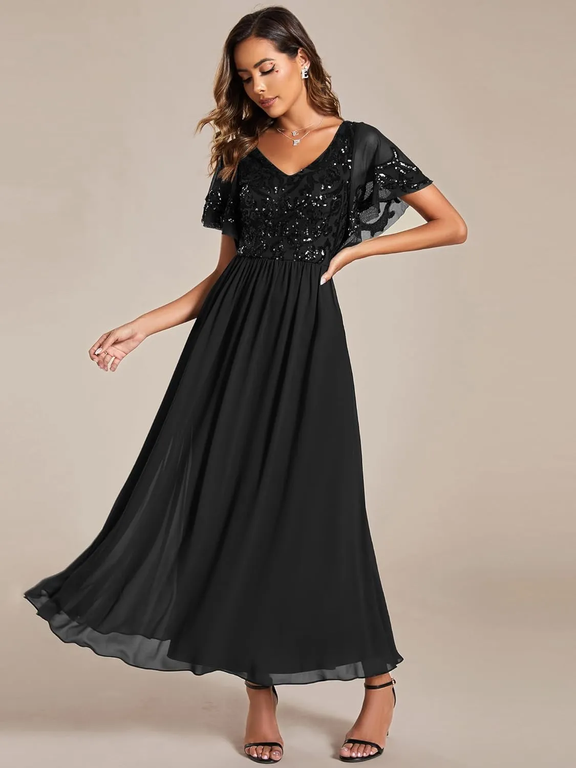 Ever-Pretty Women's Formal Dress V-Neck Sequin Applique Ruffles Sleeves Backless A-Line Evening Dresses 01583