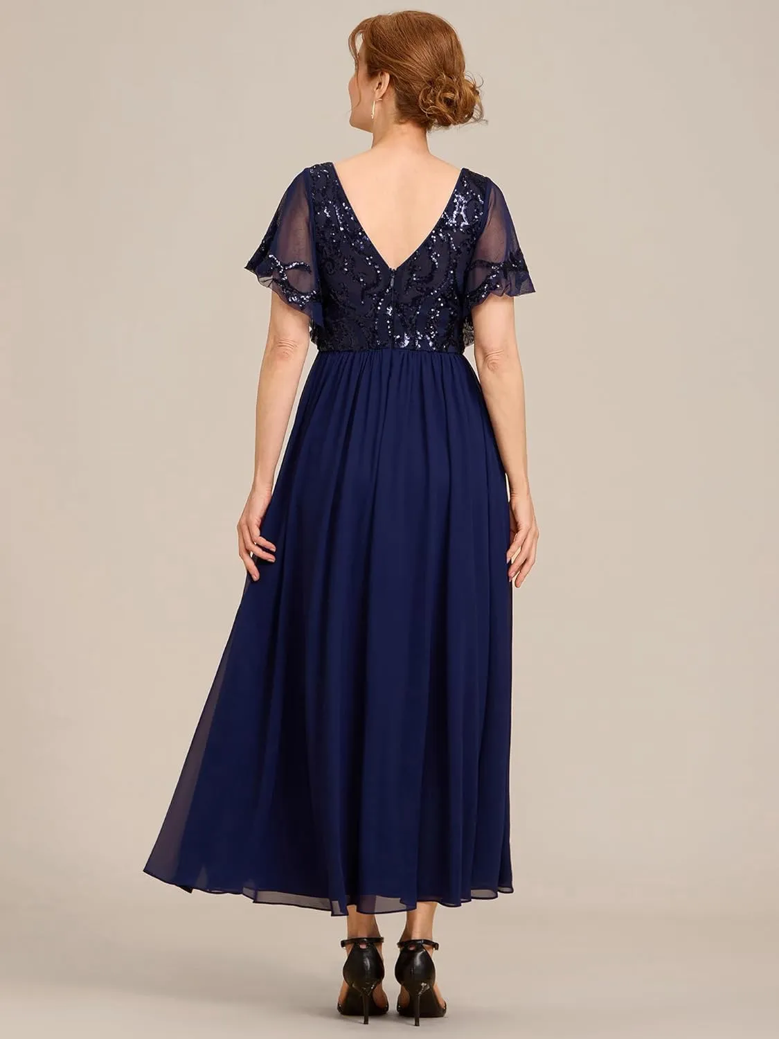 Ever-Pretty Women's Formal Dress V-Neck Sequin Applique Ruffles Sleeves Backless A-Line Evening Dresses 01583