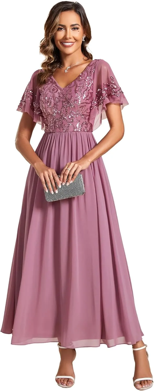 Ever-Pretty Women's Formal Dress V-Neck Sequin Applique Ruffles Sleeves Backless A-Line Evening Dresses 01583